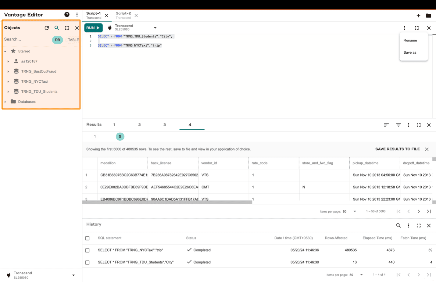 Object browser to load and search database objects - Vantage Editor Desktop