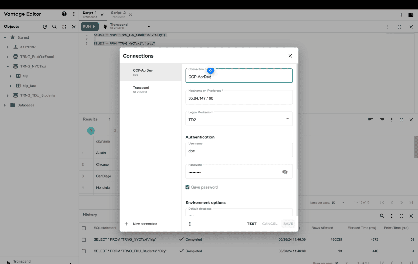 Connection Dialog to create and edit connect - Vantage Editor Desktop