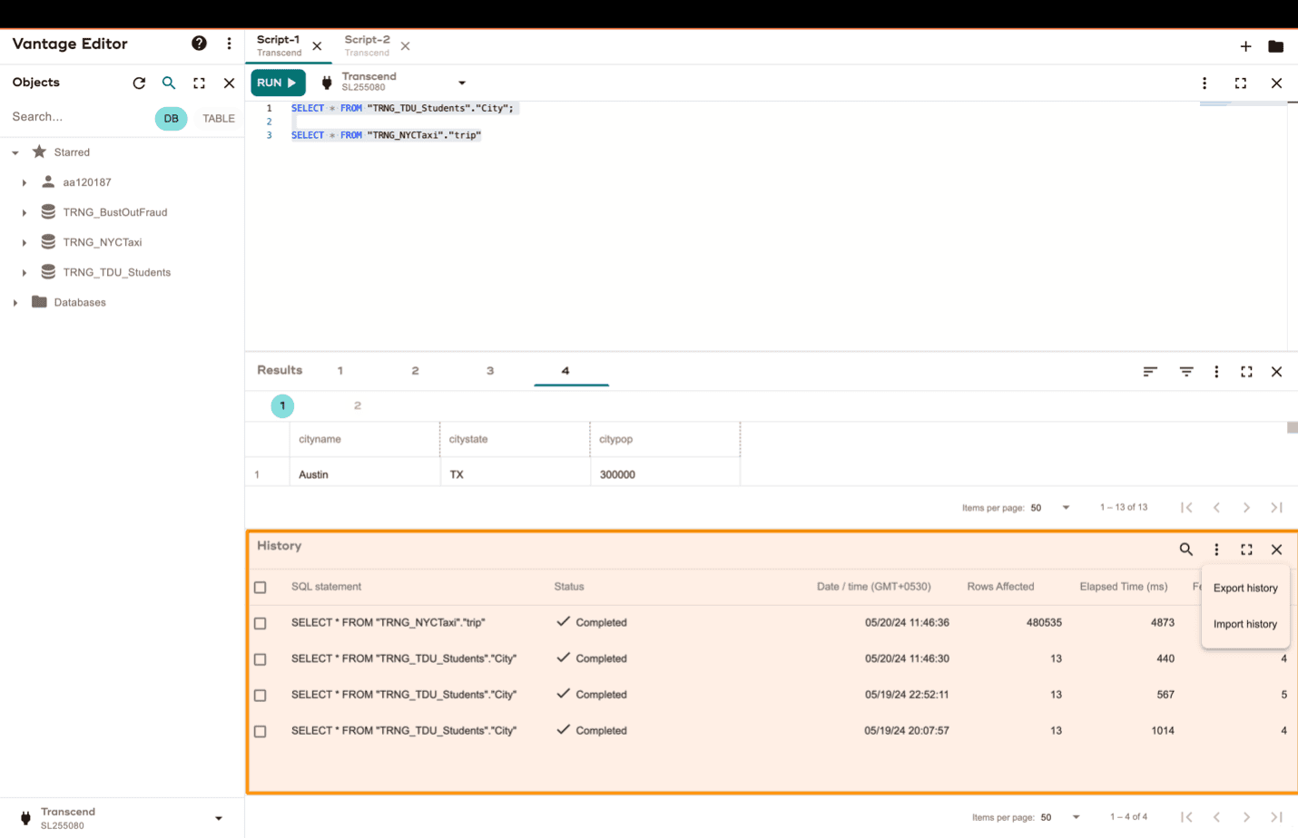 Query history which helps users to see all queries which are executed in the tools and their additional properties- Vantage Editor Desktop