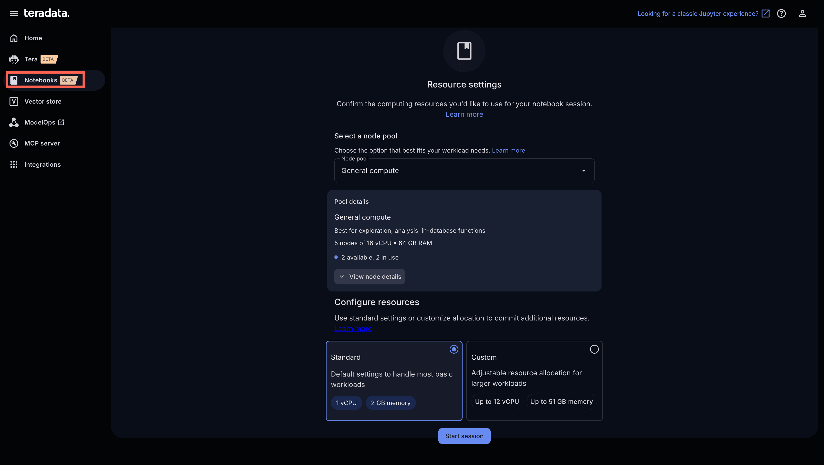 AI Studio notebook session setup showing compute resource selection for development workloads