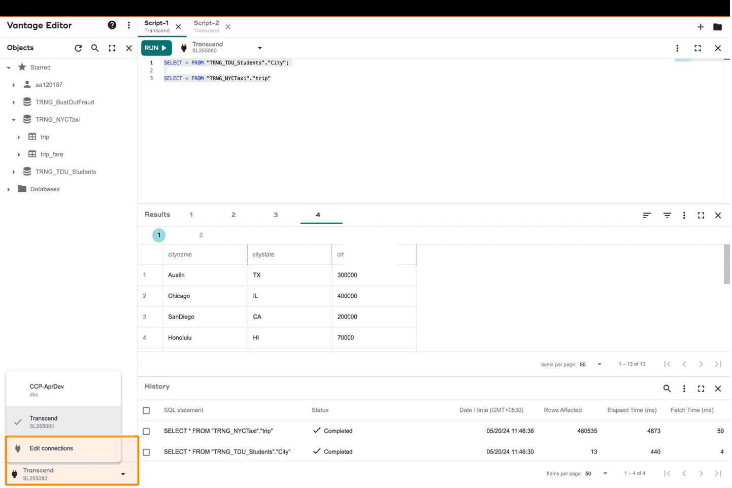 Edit connections - Vantage Editor Desktop