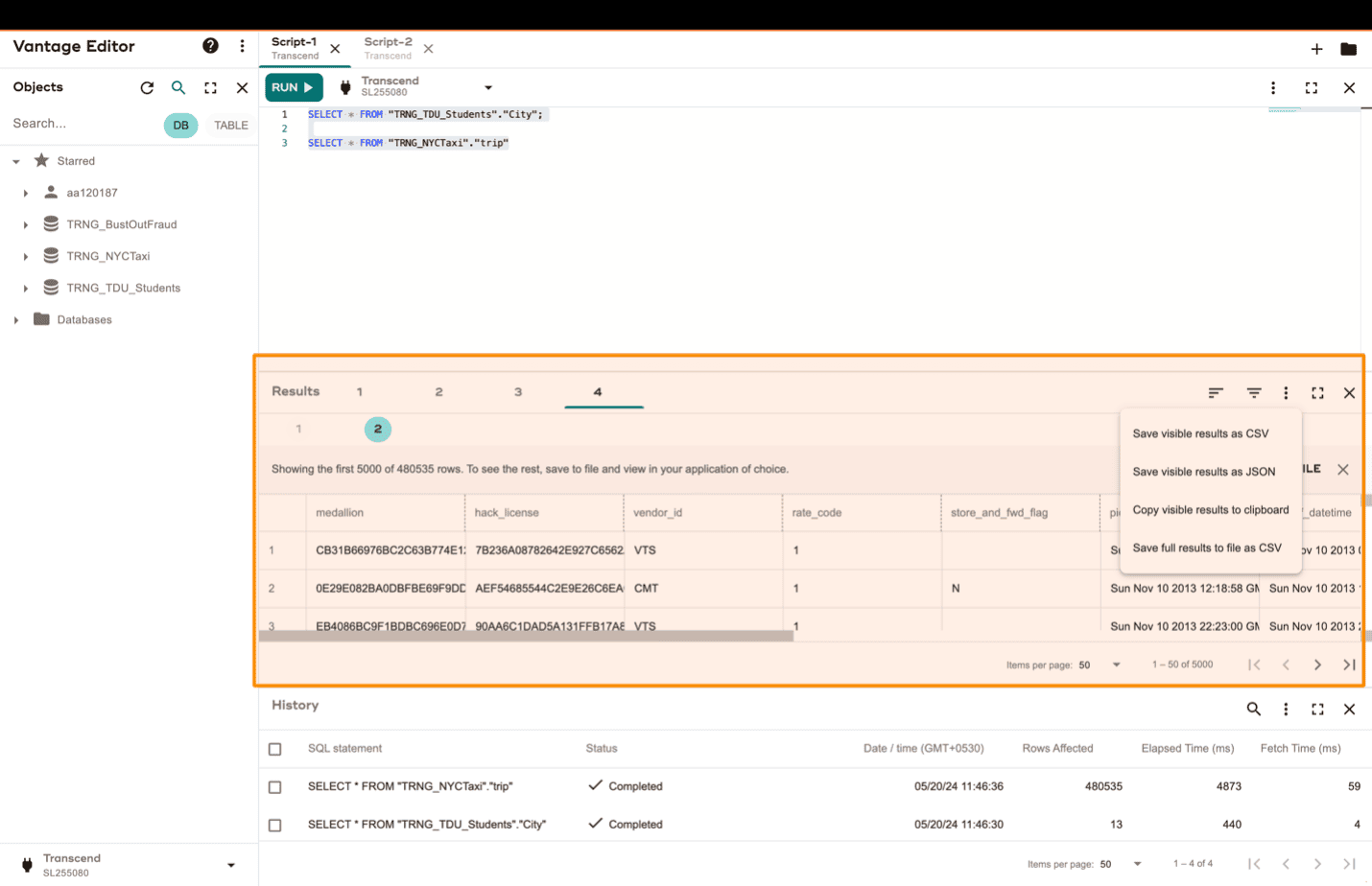 Query results which help users to check and downloada data for queries- Vantage Editor Desktop